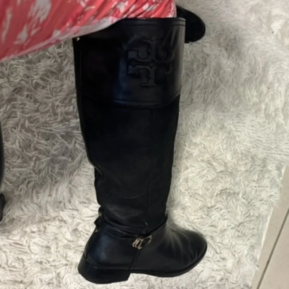 Tory Burch Pebbled 2 Tone Leather Black Riding Boots (EUC) Sz 8